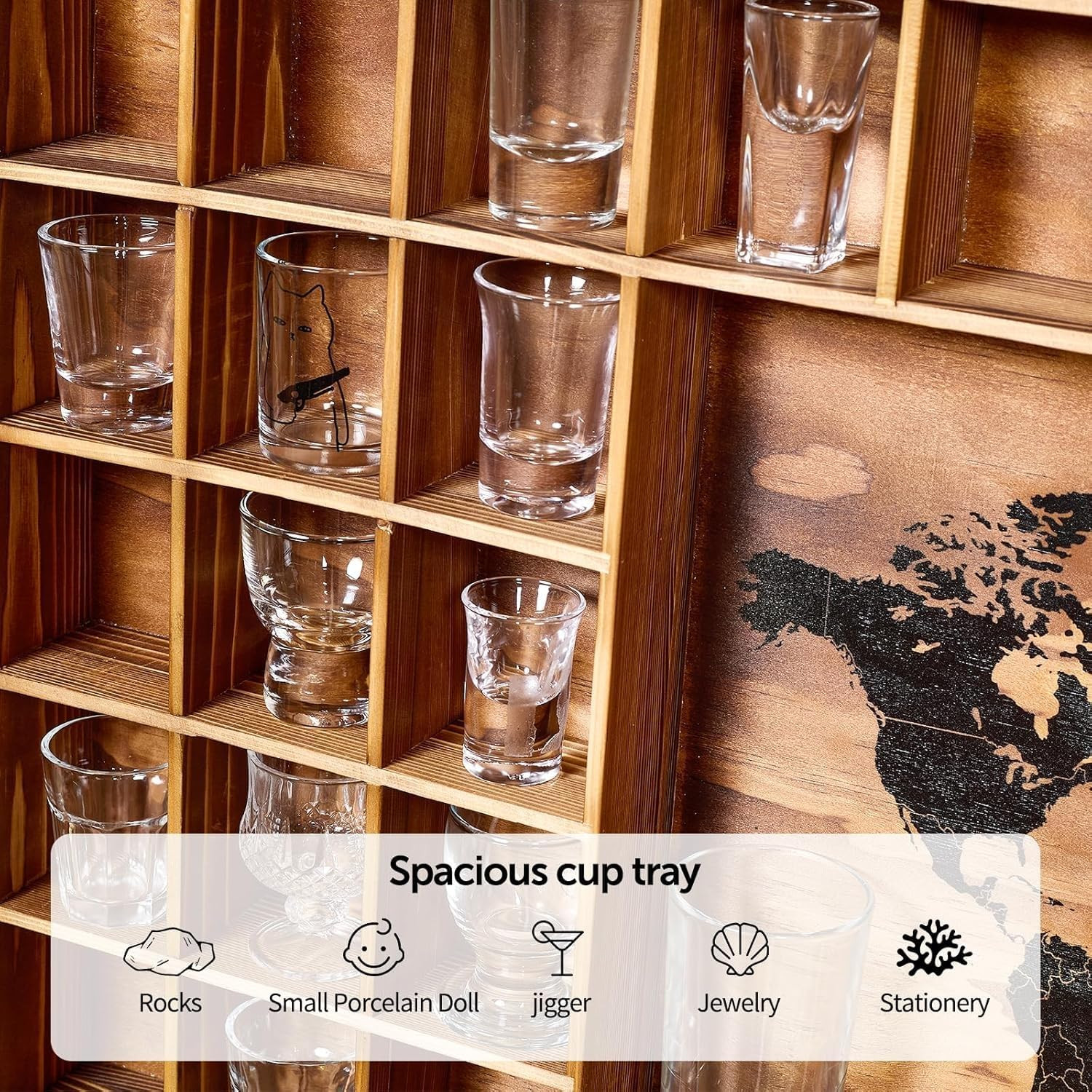 Large Shot Glass Display Case with World Map,60 Slots, 34 X 26 Inch Rustic Wood