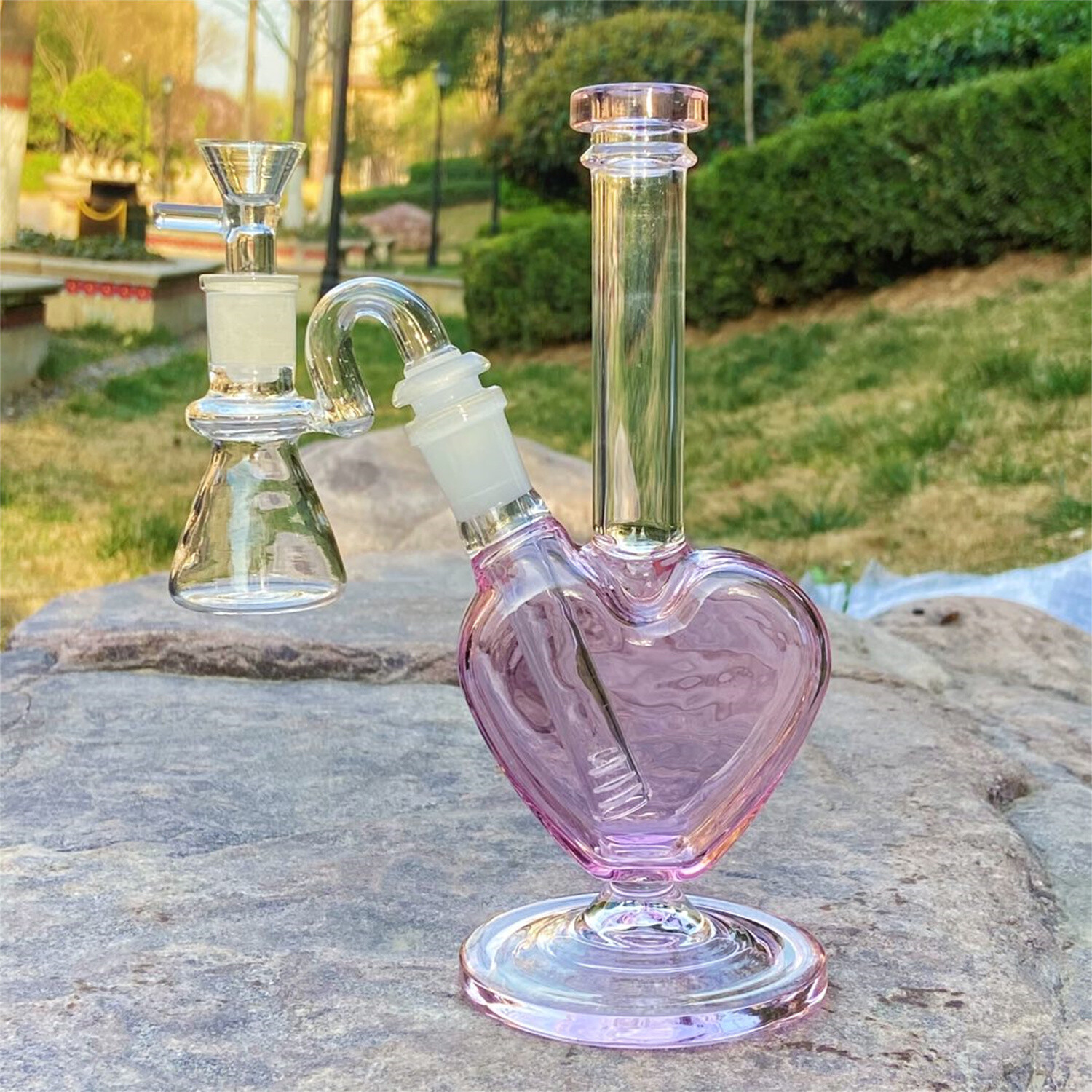 Pink 9&Prime; Heart Shape Glass Hookah Water Pipe Bong Smoking Tobacco W/Ash Catcher