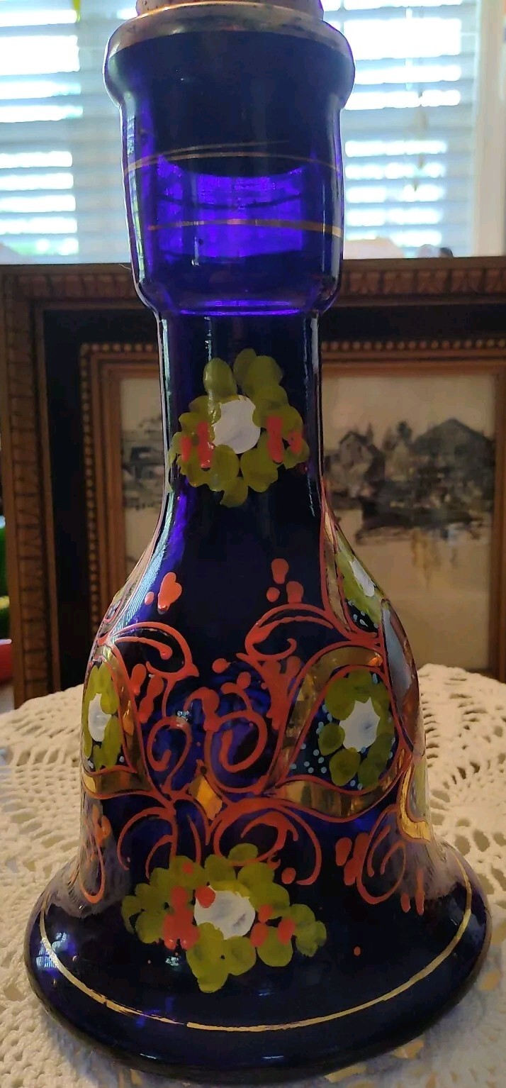 Antiq Hand Painted Persian Hookah Glass Bottle Cobalt Blue/Purplish Gold Accents