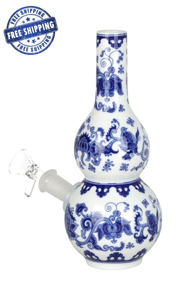 7.75&Prime; Ceramic Vase Water Pipe 2-Tier Bubbler Bong Blue Chinese Design Hookah