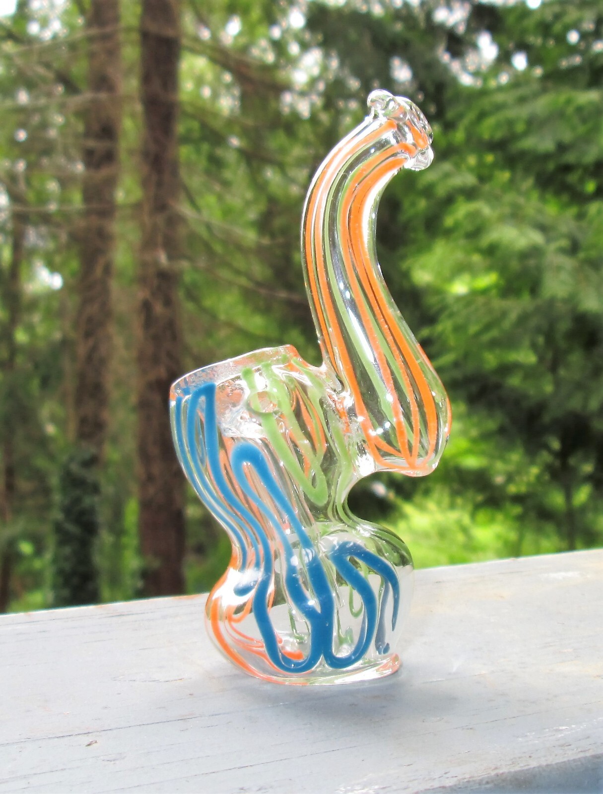 Sherlock Tobacco Pipe 4&Prime; Hand Blown Clear Blue Lime Green Orange Swirl Bubbler