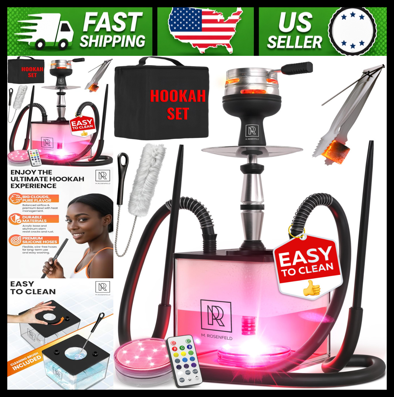 Black 18&Prime; Hookah Set 2 Hose with LED Acrylic Base for Home & Parties