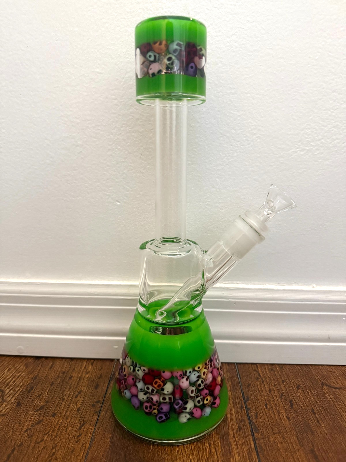 11.5” Premium Glass Water Pipe Art Colorful Skulls 14mm Green