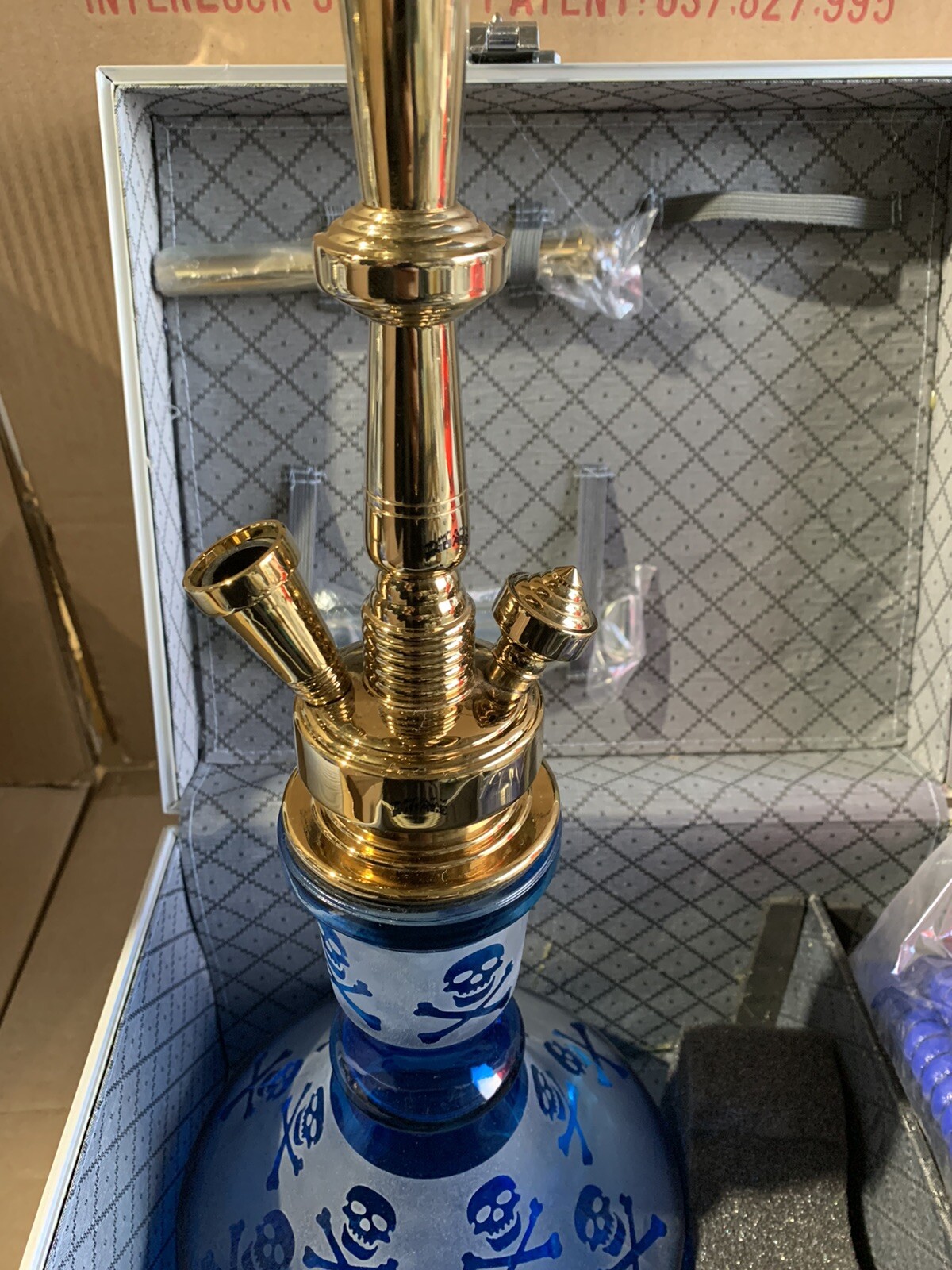 INHALE 21’’ HEAVY DUTY SOLID BRASS HOOKAH IN A SUITCASE *SKULLS BLUE*