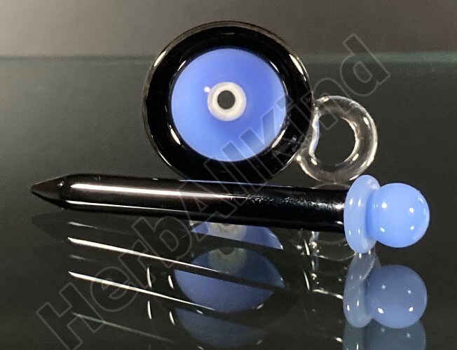 14mm Male Blue Black Glass Funnel Bowl w Poker Wand & Clear Holder Loop