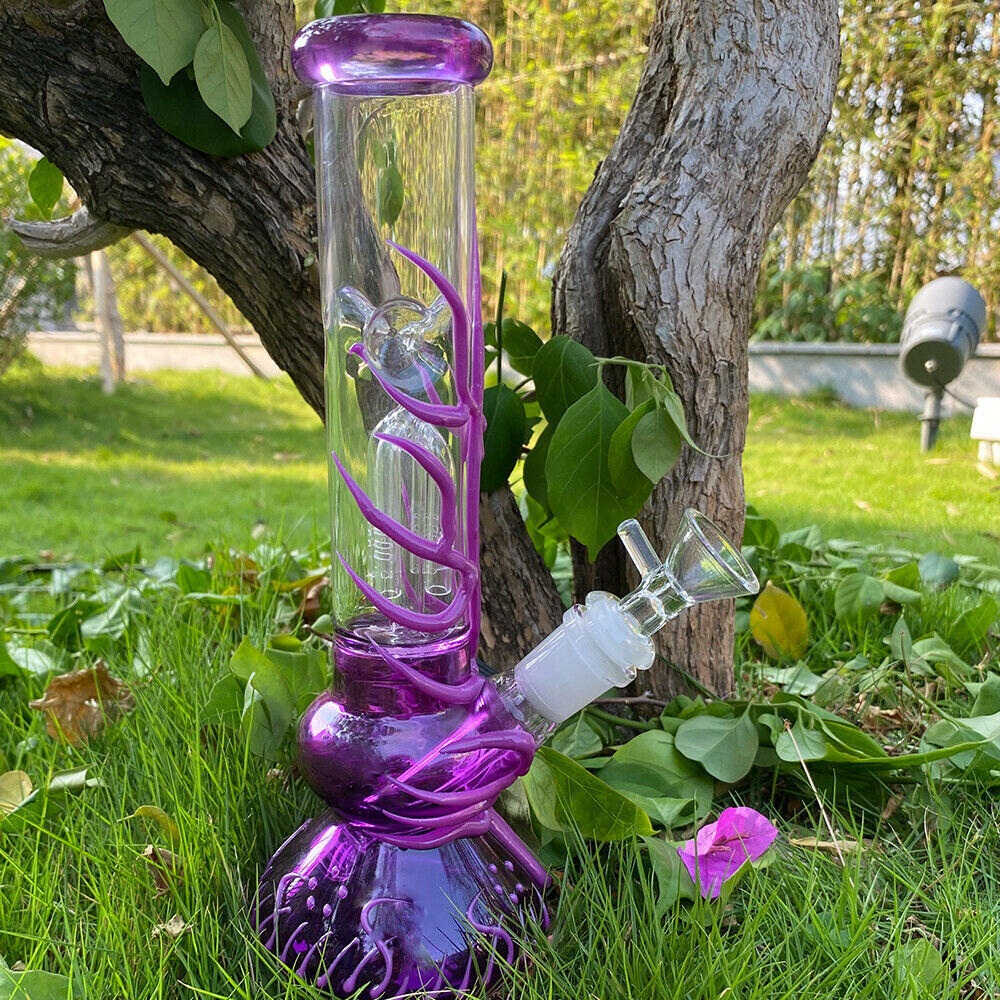 10&Prime; Purple Glow in the Dark Glass Bong Tobacco Bubbler Smoking Water Pipe W/Bowl