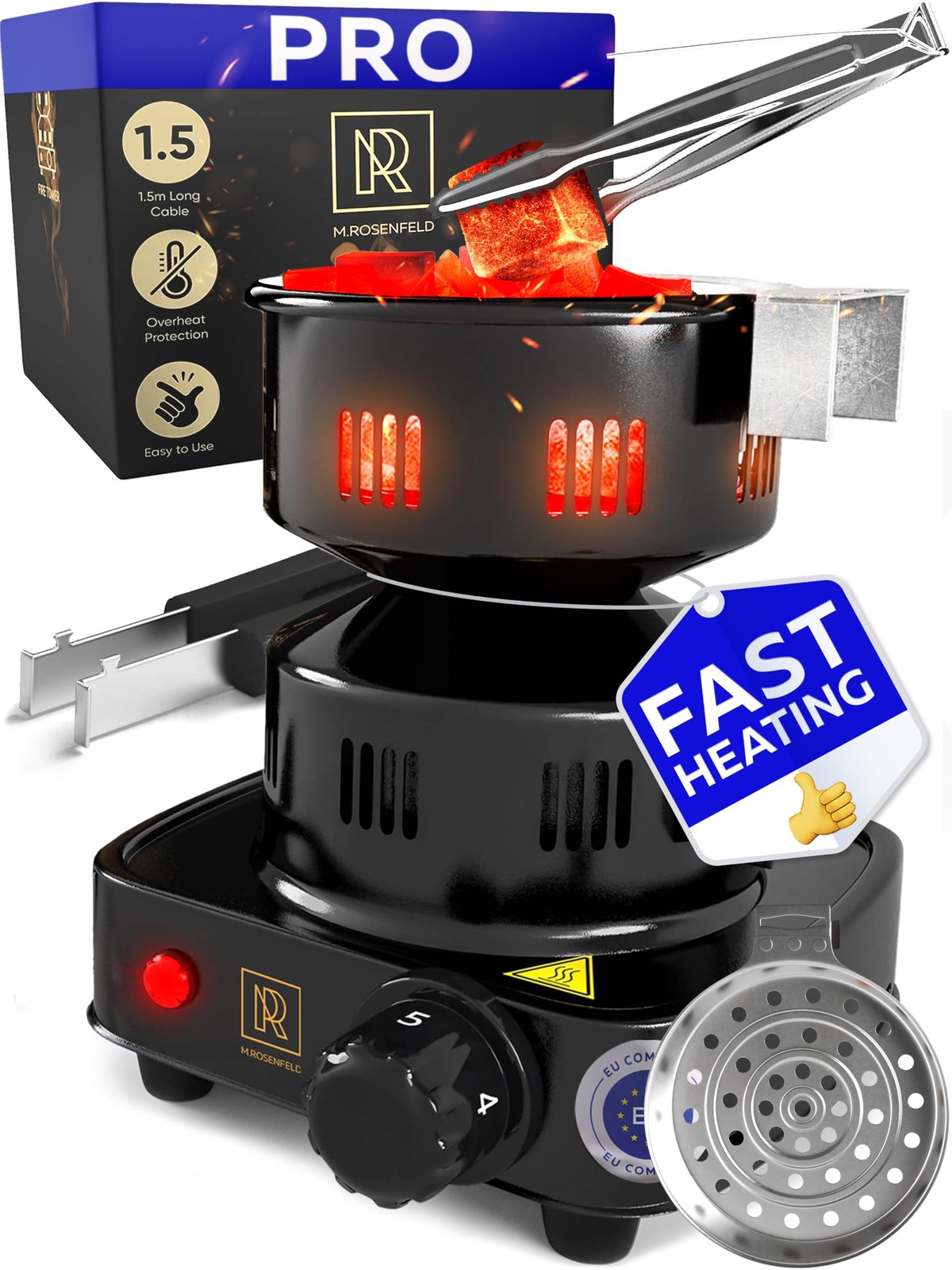 M. ROSENFELD PRO Hookah Coal Burner 450W Electric Stove w/ Tongs & Basket