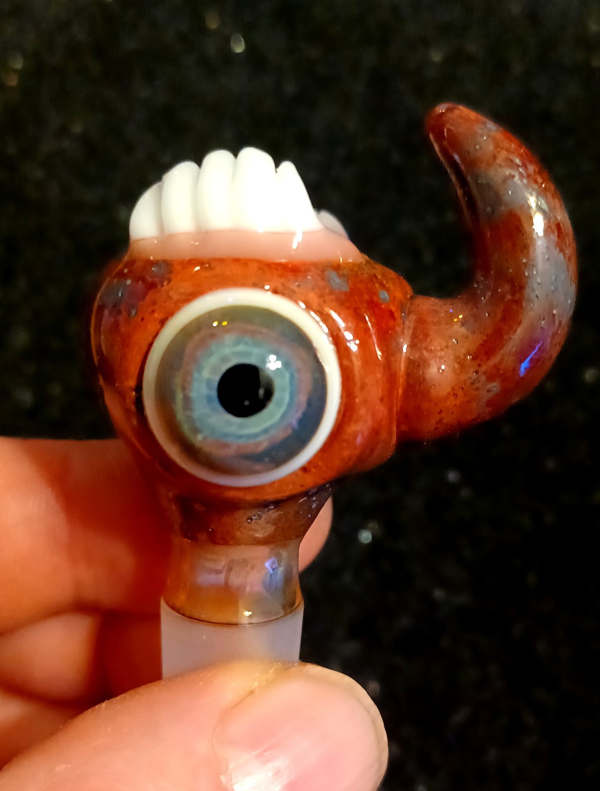 14mm Tobacco bowl Male Glass -Eyeball & Teeth- Horn Handle Art piece-USA made