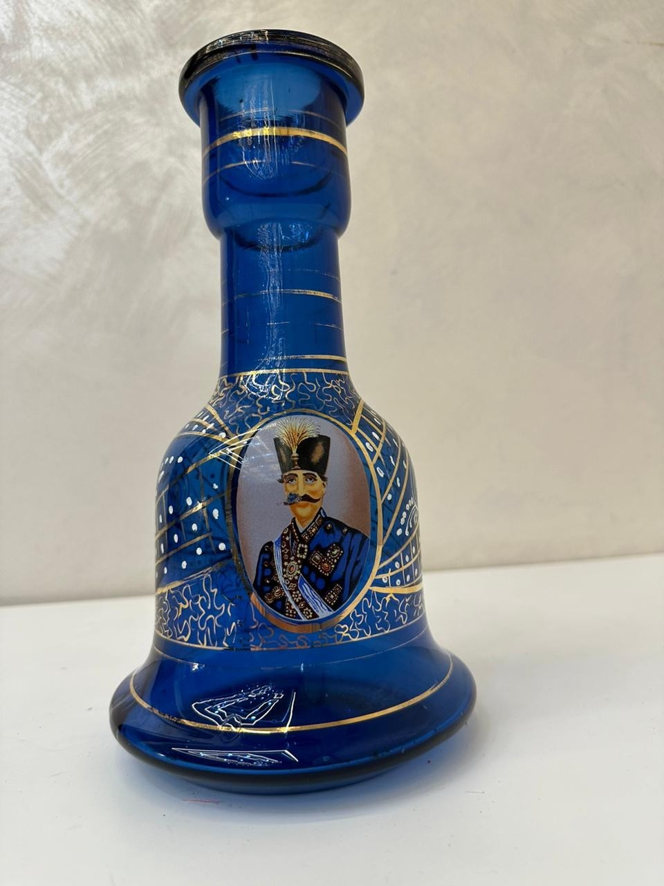 Vintage Persian Cobalt Blue Glass Hookah Base – Hand-Painted with Royal Portrait