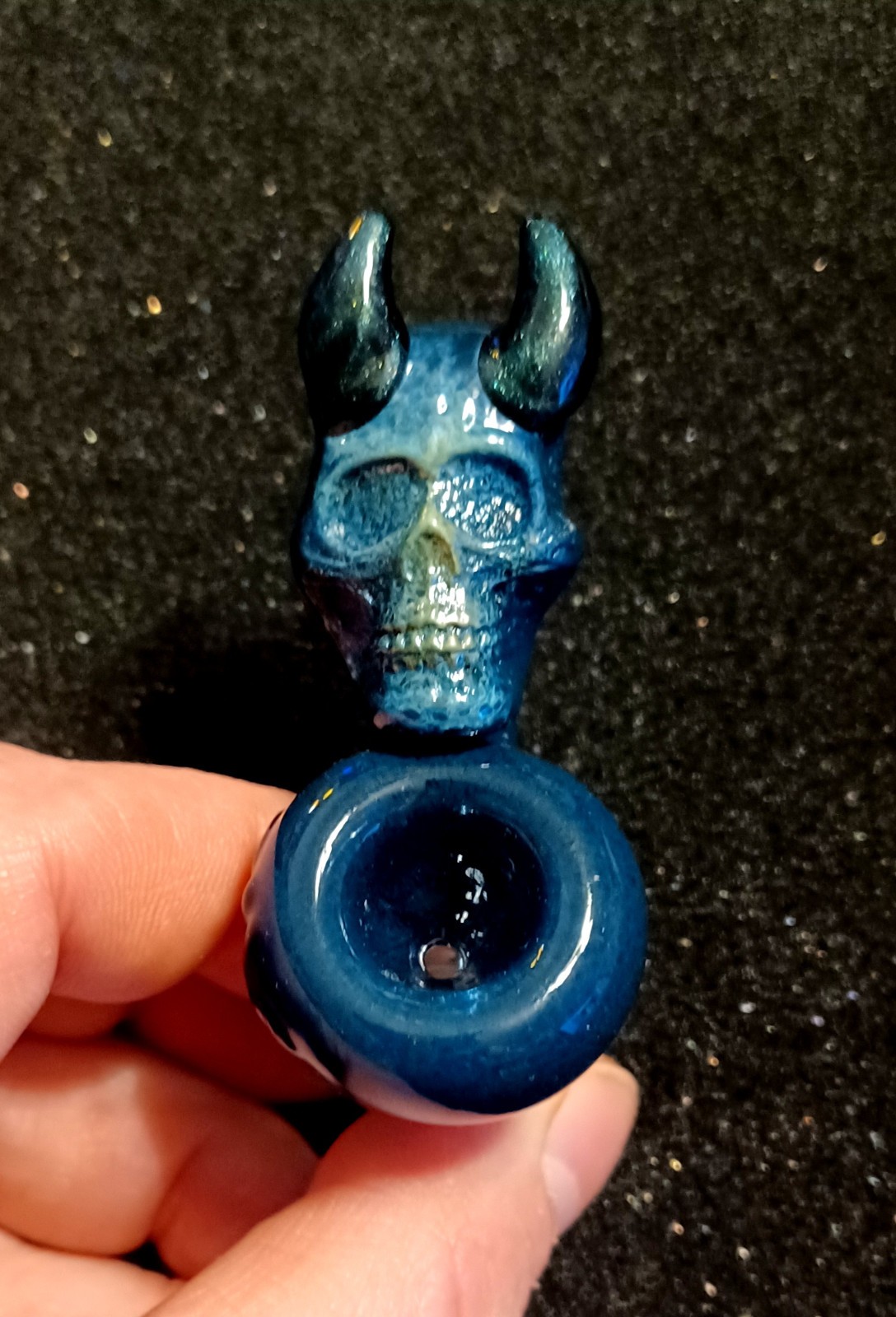 14mm Tobacco bowl Male Glass -Horned Skull handle Art piece-made in the USA