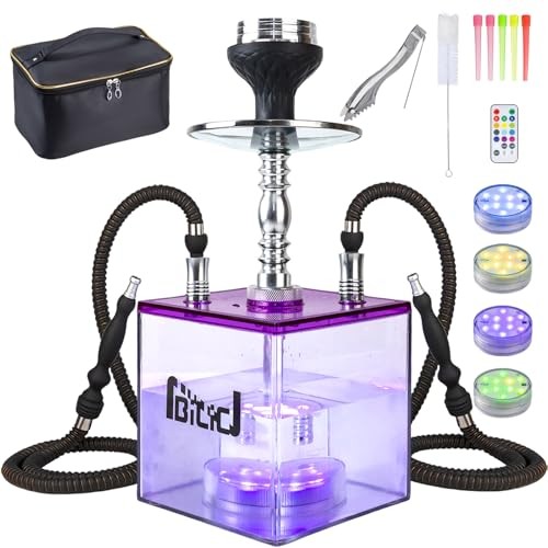 2 Hose Acrylic Cube Shisha Hookah Set with LED Light – Large Purple