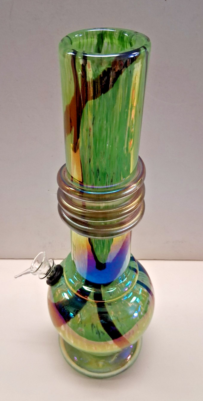 12&Prime; SOFT GLASS WATER PIPE BONG HOOKAH BUBBLE PULL BOWL CARB GREEN BLACK STRIPED