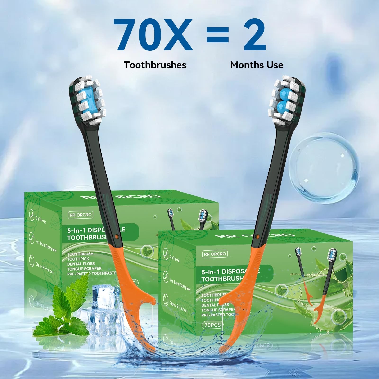 70Pack Disposable Toothbrushes with Toothpaste + Pick + Floss + Tongue Scrape…