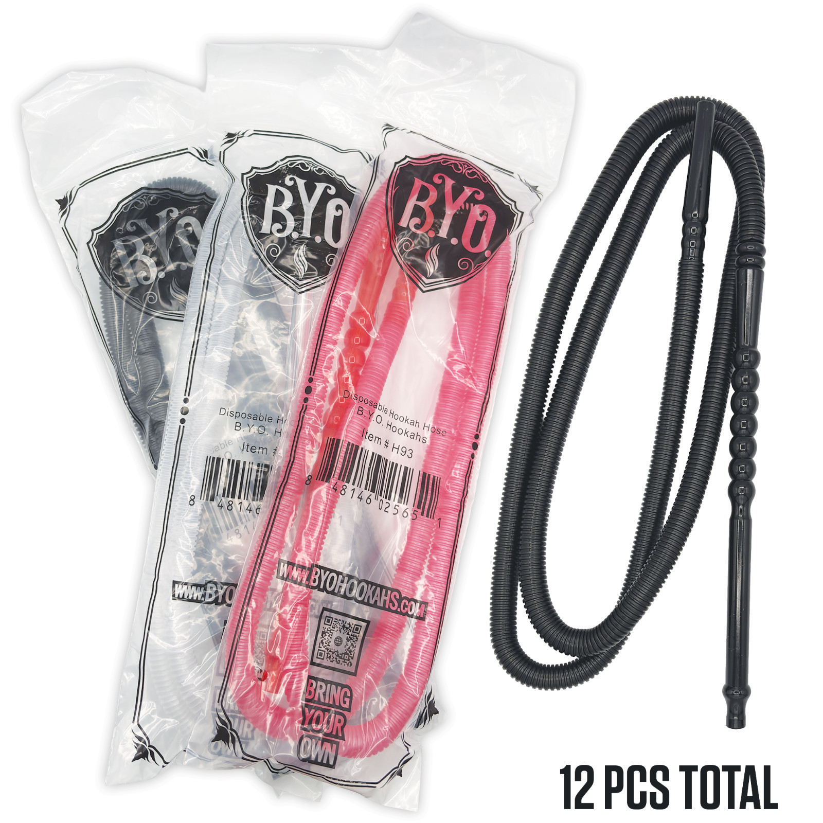 Disposable Hookah Hose by B.Y.O. Hookahs, Mixed Colors Shisha Hooka, 12 PCS 72&Prime;