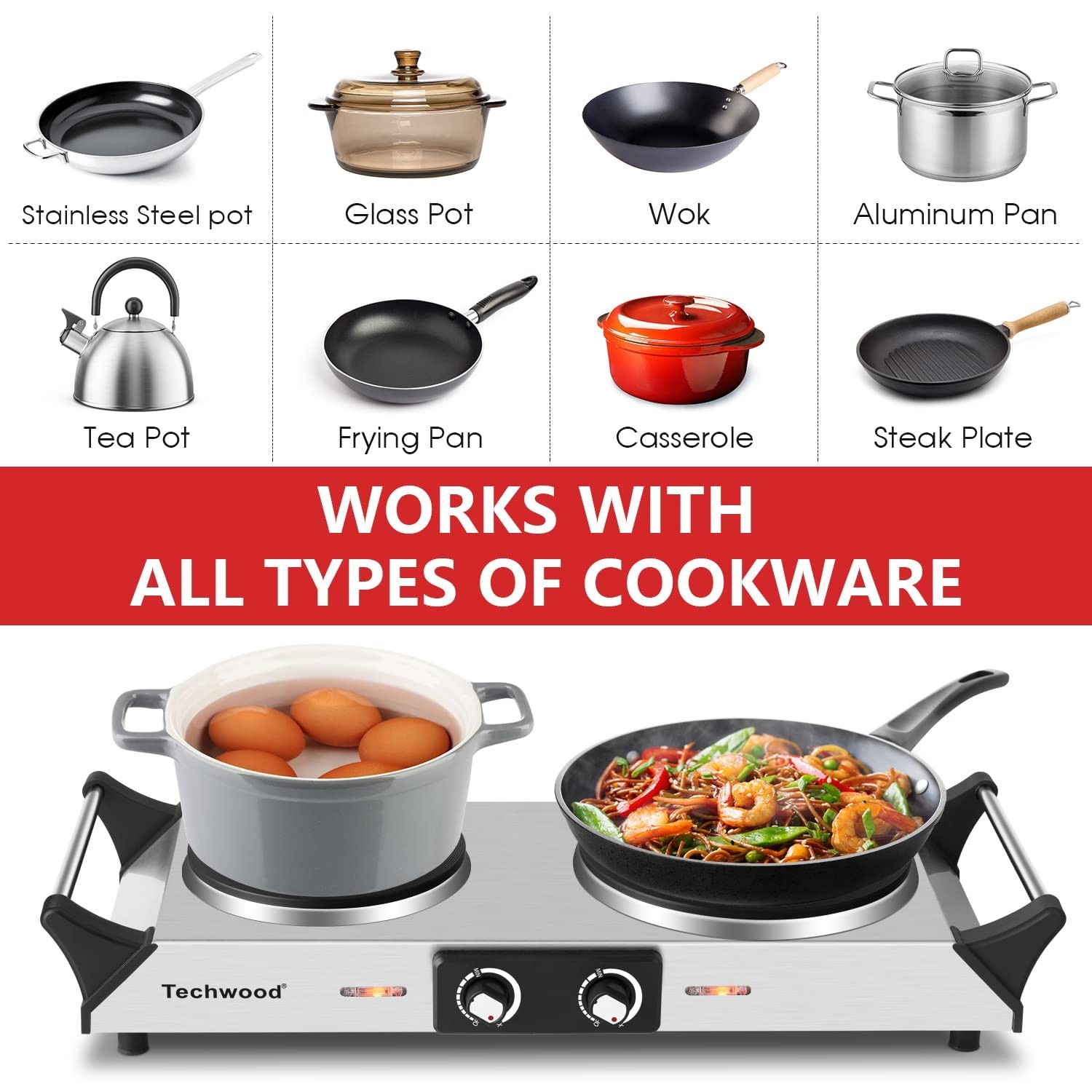 Hot Plate, Techwood Double Burner for Cooking, 1800W Countertop Electric Stov…