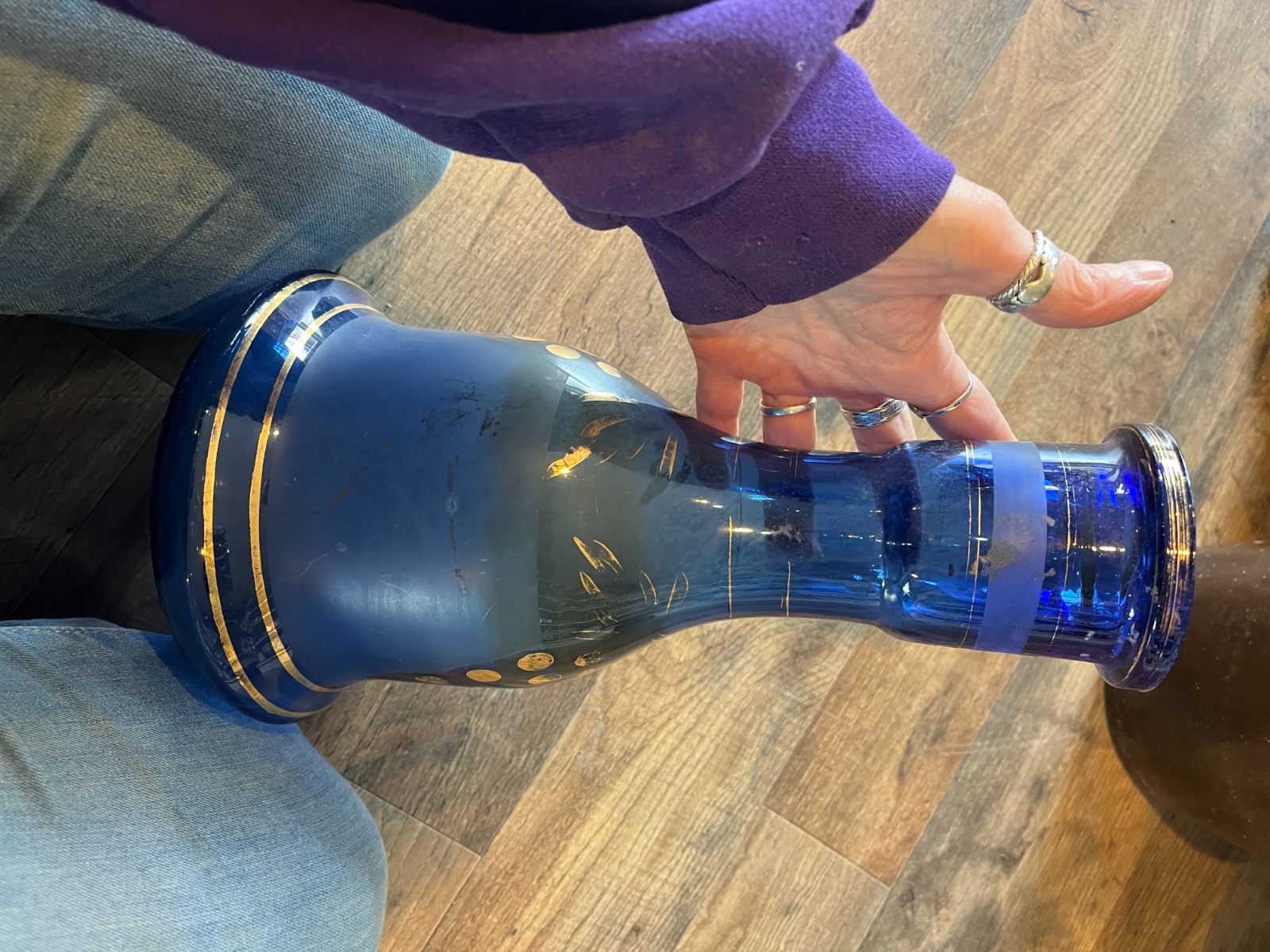 Vintage Bohemian Cobalt Blue Glass HOOKAH BASE HAND PAINTED Gold 10.5&Prime; High