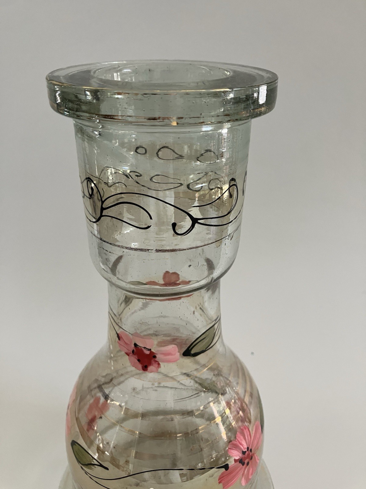 Vintage Bohemian Glass Hookah Vase Decanter Hand Painted Pink Flowers Black Gold