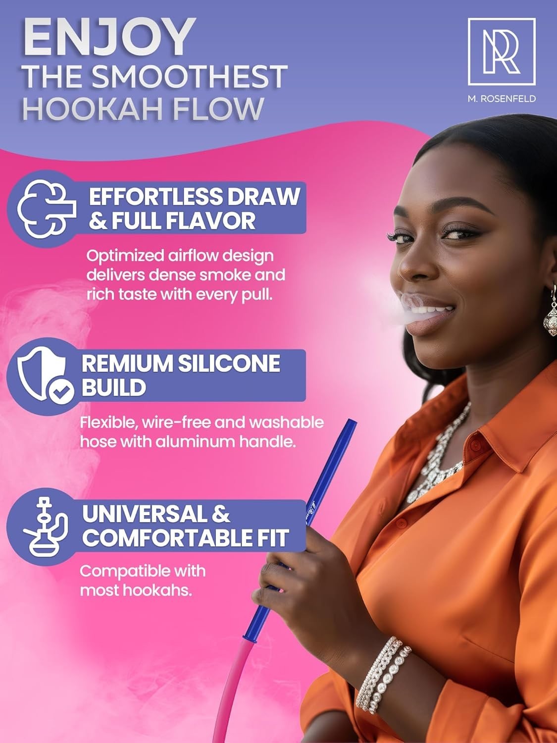 60&Prime; Pink Hookah Hose with Blue Easy-Grip Mouthpiece for Smooth Smoking