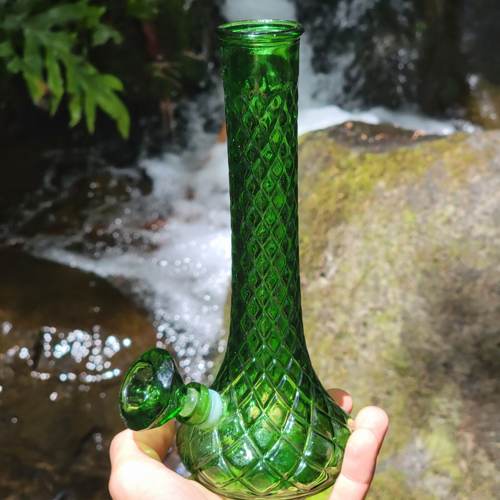 Vintage Upcycled Vase Bong Emerald Glass With Green Downstem And Diamond Bowl
