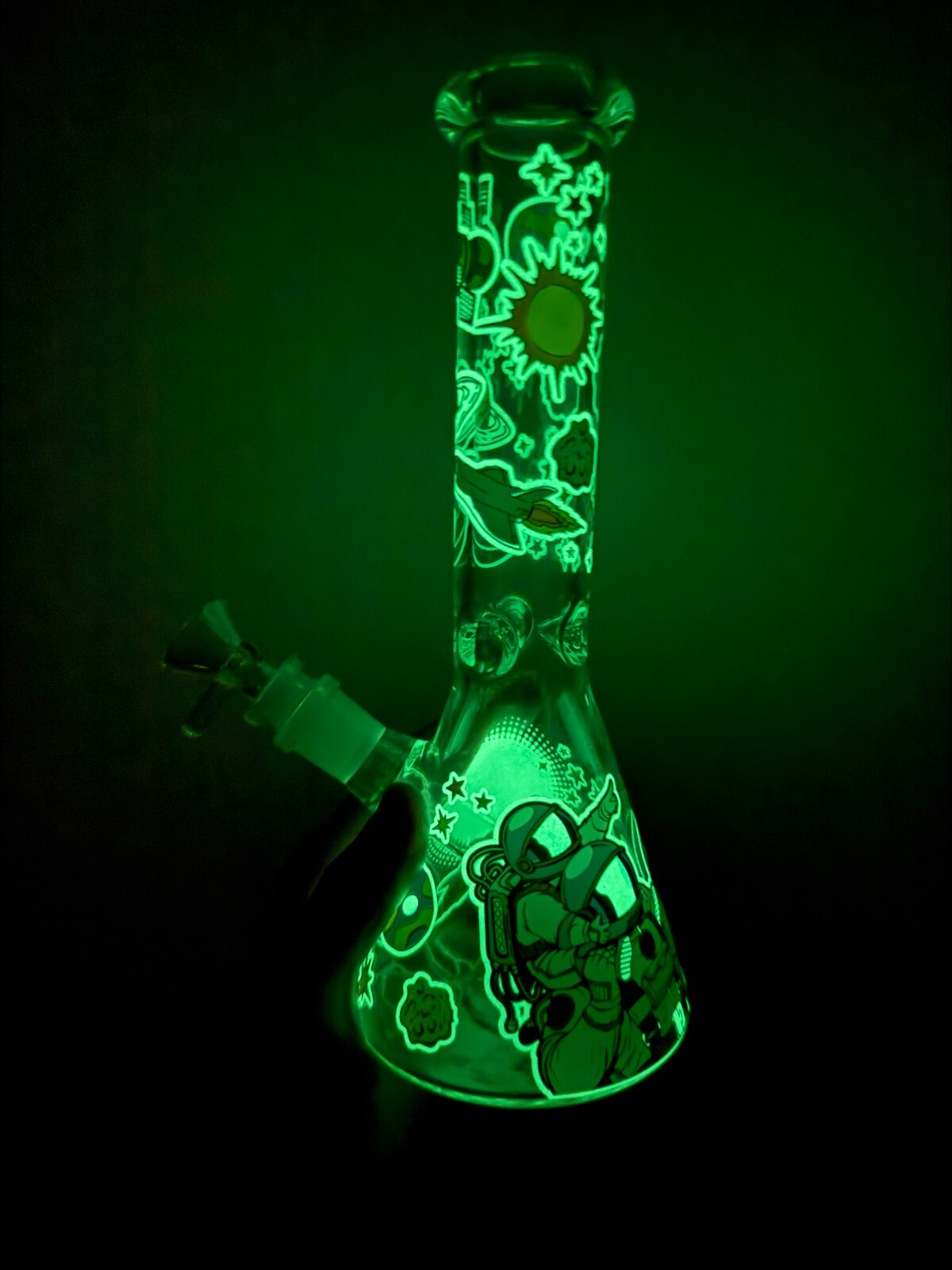 10.5” Premium Glass Water Pipe Beaker Glow in Dark Space Astronaut Family 14mm