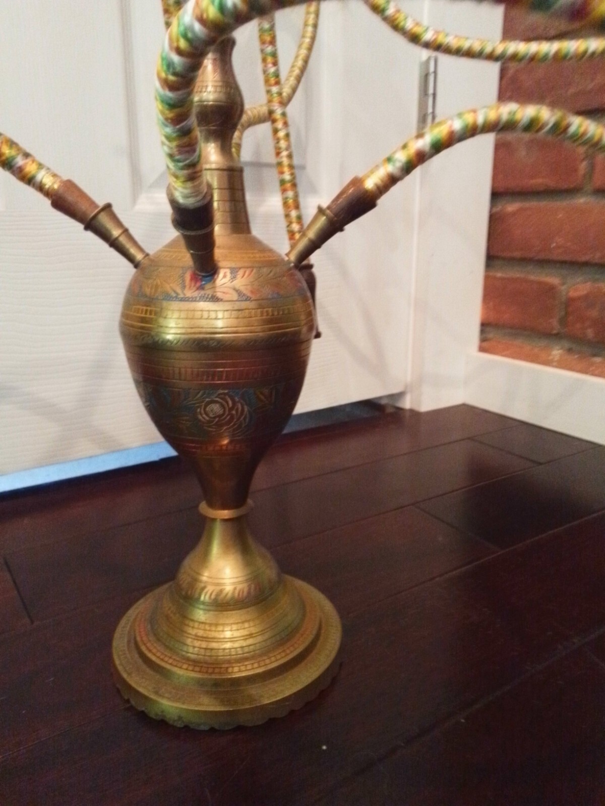 Vintage 1995 30&Prime; tall etched Brass hookah w/enamel floral decoration and 4 hoses