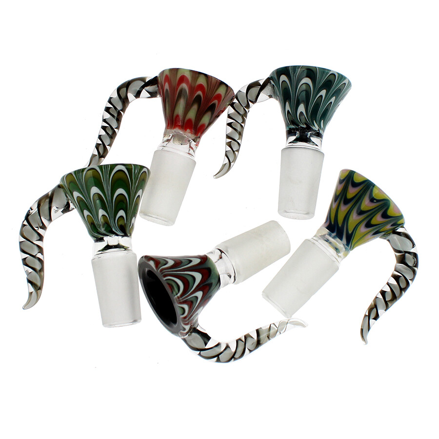 1pc Thick Glass Slide Bowl w/ Long Horn 14mm Male Joint for Smoking Pipe Random
