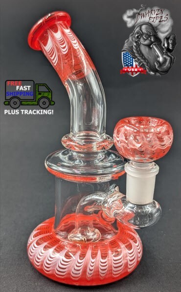 6.5&Prime; Inch Glass Hookah Water Pipe Bong Bent Neck Perc Red Swirl