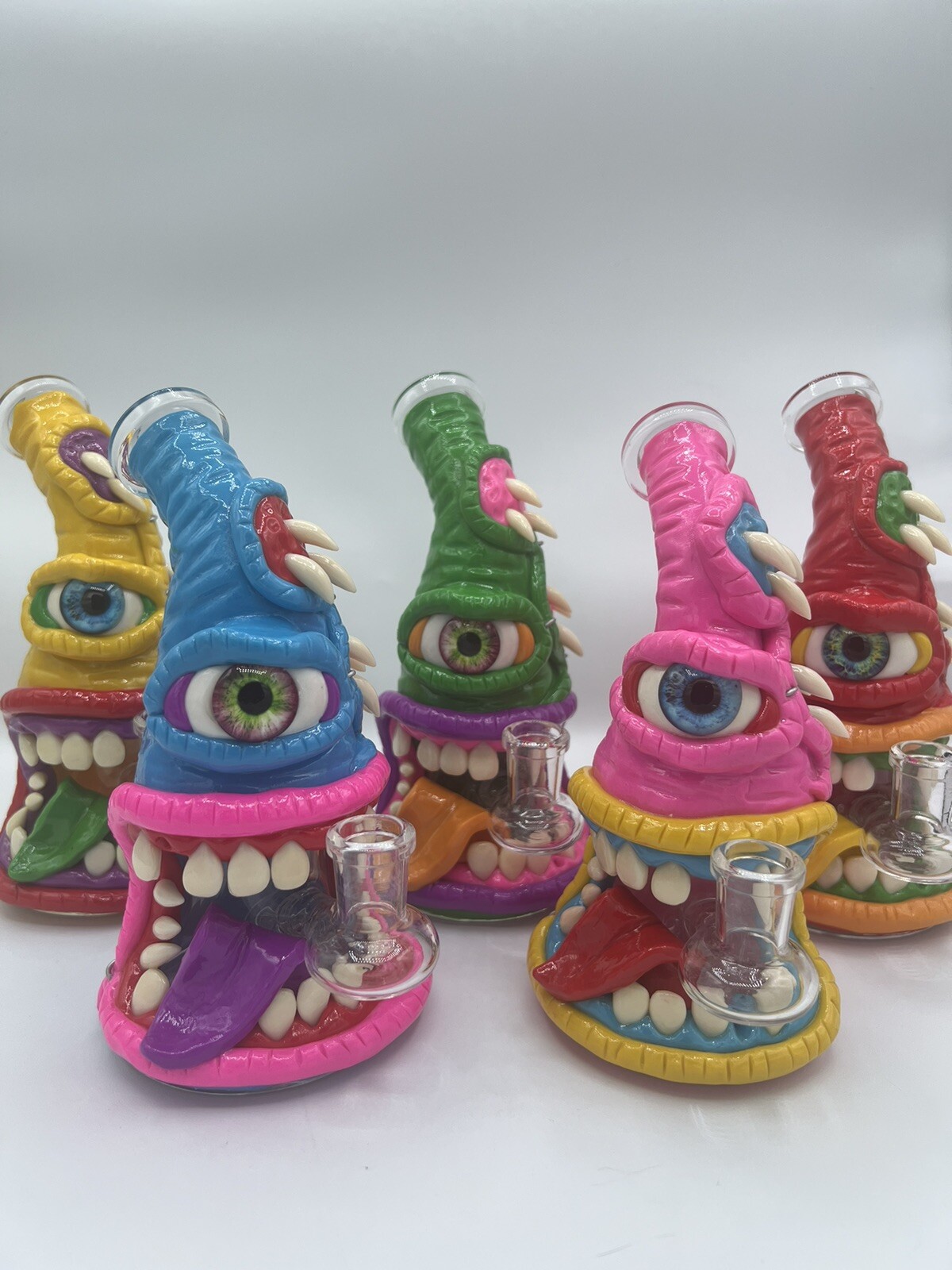7&Prime; Green Monster Eye Colorful Thick Glass Bong Free Bowl Teeth Unique Color