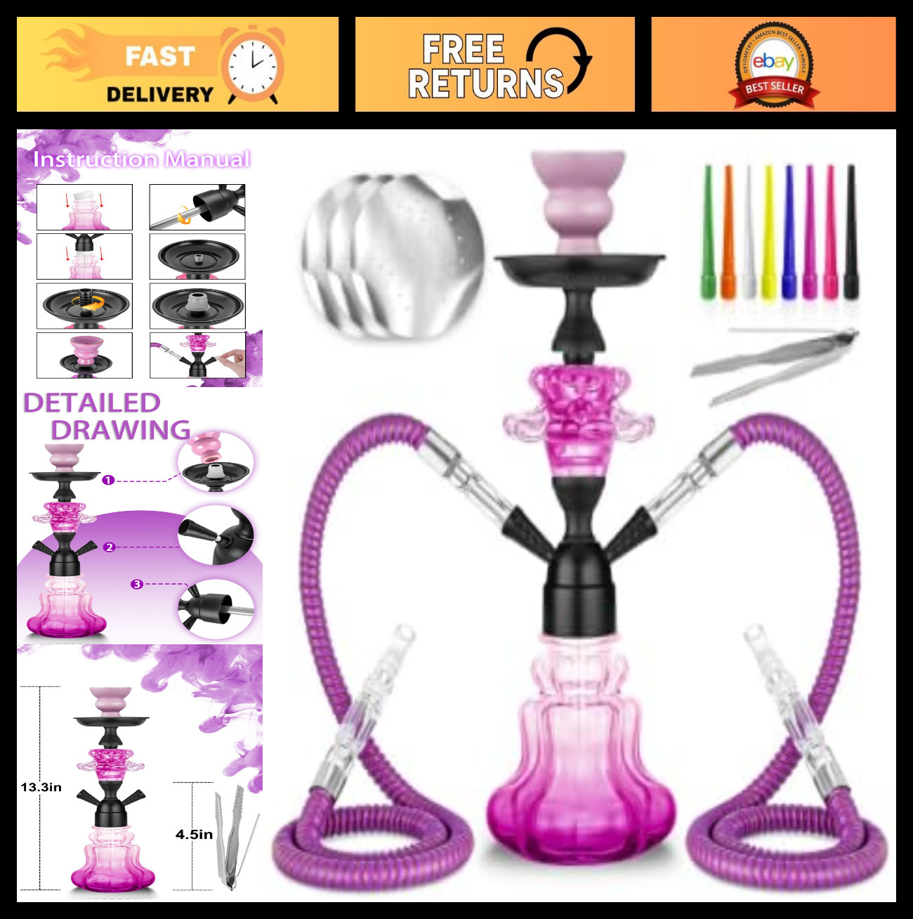 Complete Hookah Set 14&Prime; Shisha – Glass Vase, Leather Hose, Bowl, Coals & Tips