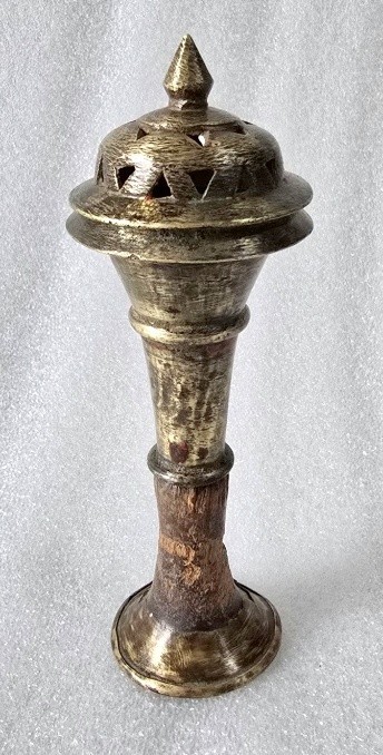 Antique Brass Islamic Mughal Hookah Pipe Hand Carved Wooden Worked Chillam