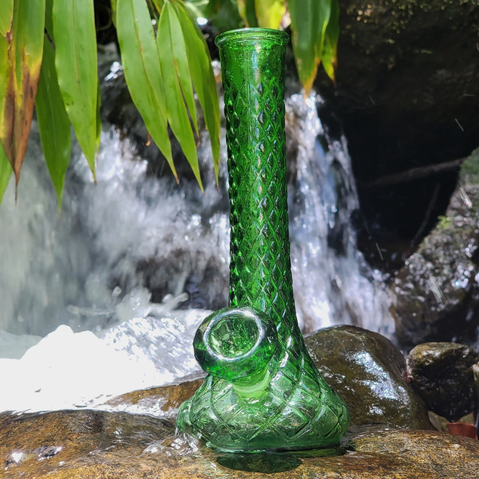 Vintage Upcycled Vase Bong Emerald Glass With Green Downstem And Diamond Bowl