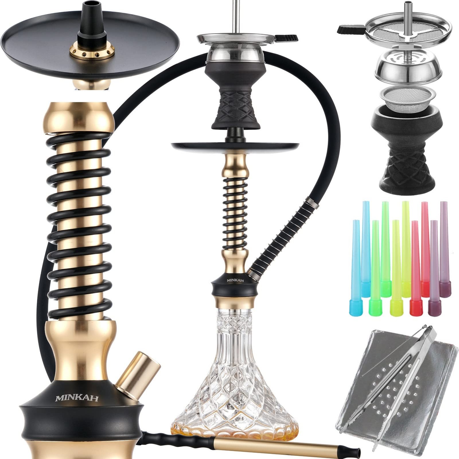 Hookah Shisha Complete Set Silicone Hose Aluminum Stem Bowl Tongs Gold 75 Charac