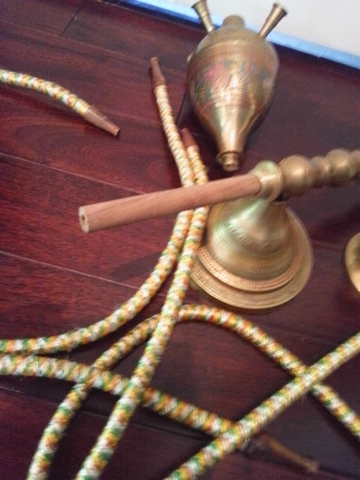 Vintage 1995 30&Prime; tall etched Brass hookah w/enamel floral decoration and 4 hoses