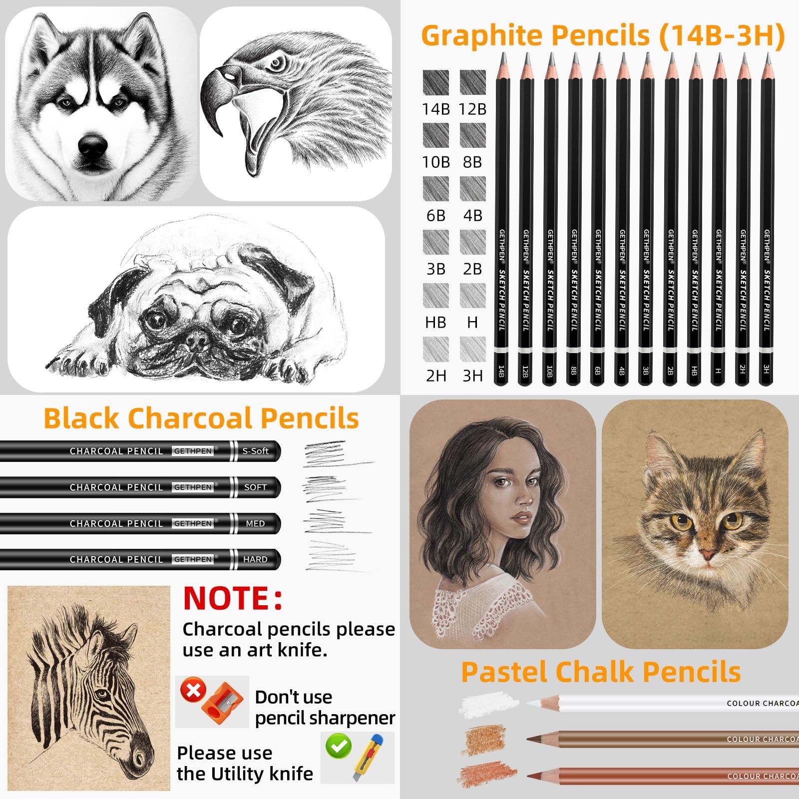 GETHPEN 34Pcs Sketch Drawing Kit, Graphite 14B-4H Charcoal Pencils Sticks | S…