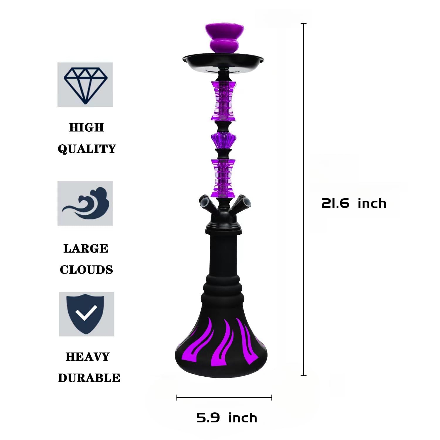 22&Prime; Hookah Set Purple 4 Persons with 100 Tips 50 Foil 20 Coals