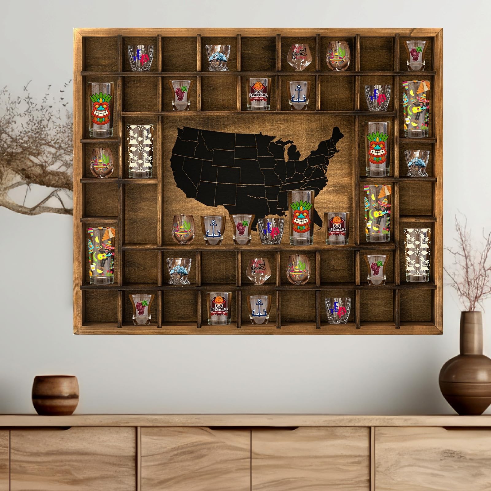 GlikCeil Large Map Slots Shot Glass Display Case Rustic Wood Holder for Diffe…