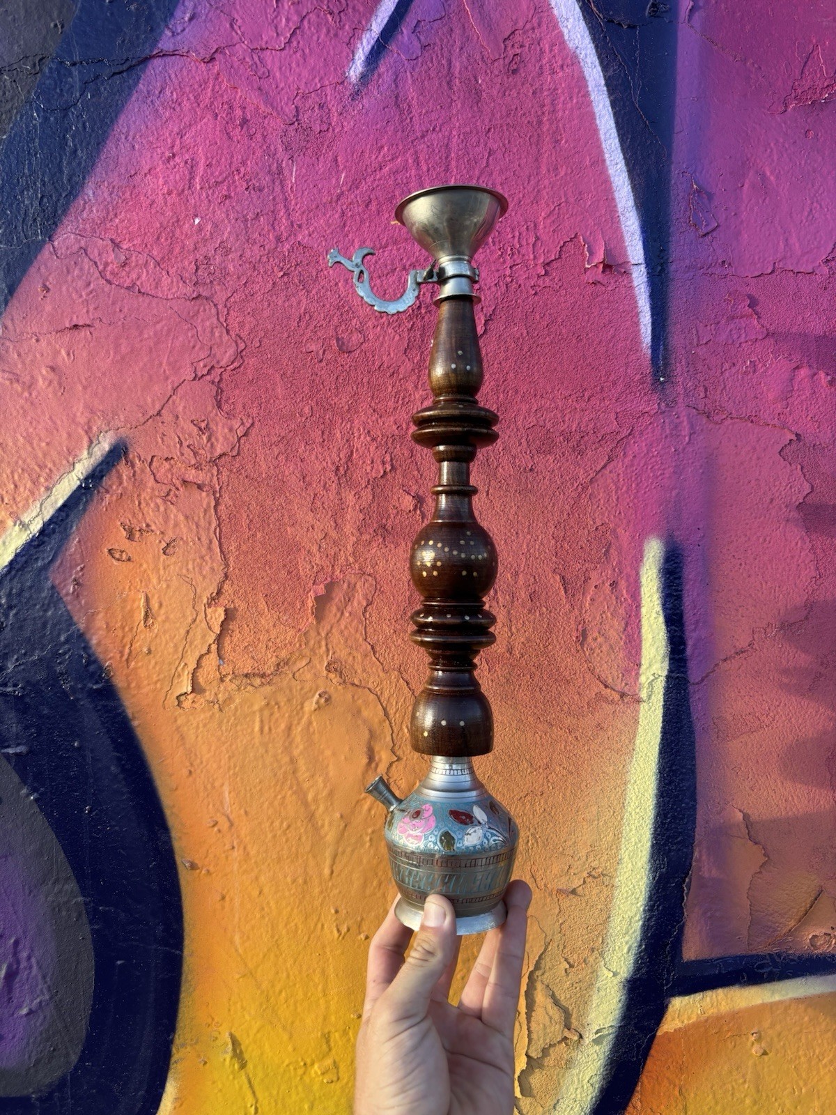 Vintage Ornate Brass Wood Hookah Pipe 16.5” Tall Pipe Boho Flower Decor