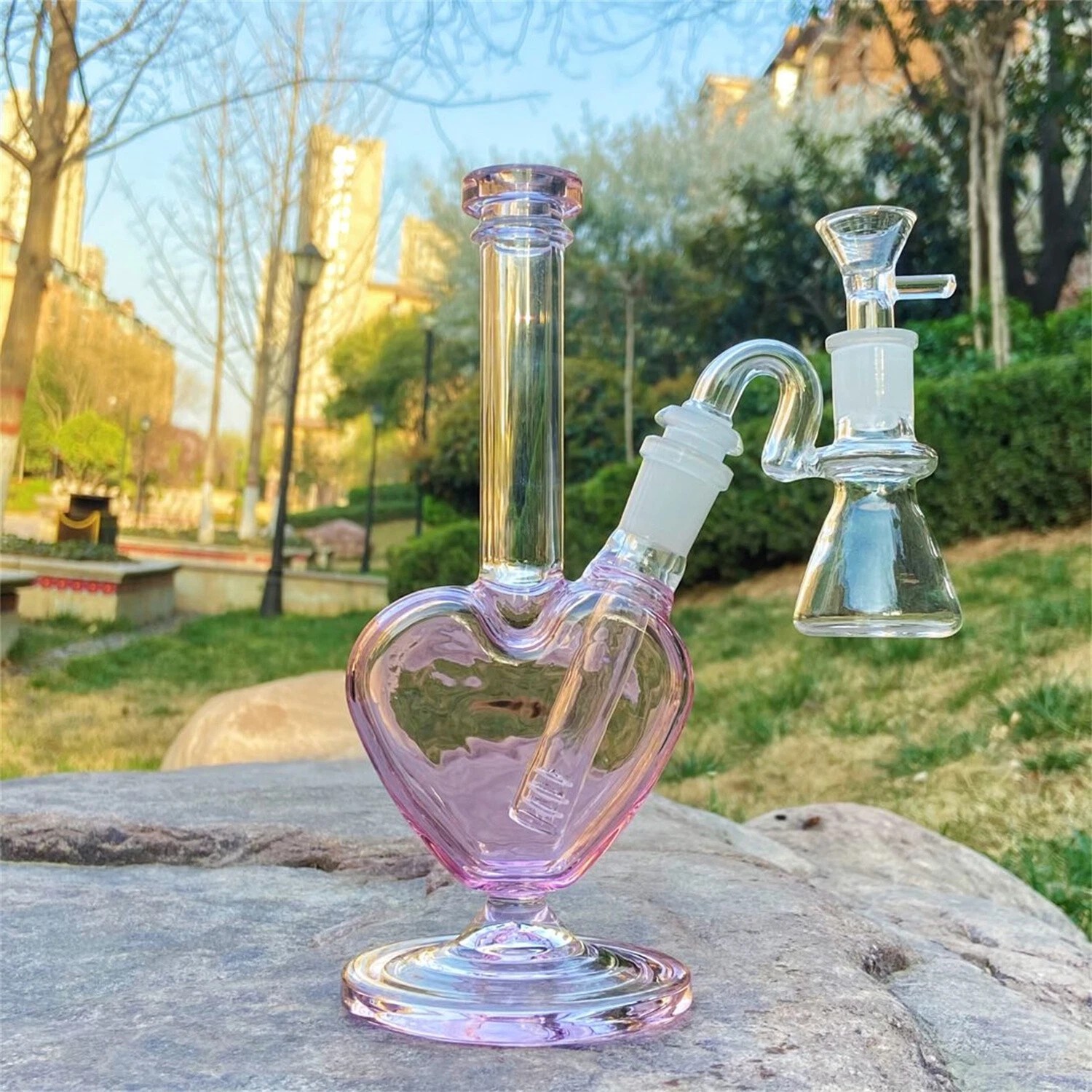 9&Prime; Heart Glass Bong PINK Smoking Water Pipe Bubbler GIRLY Hookah W/Ash Catcher