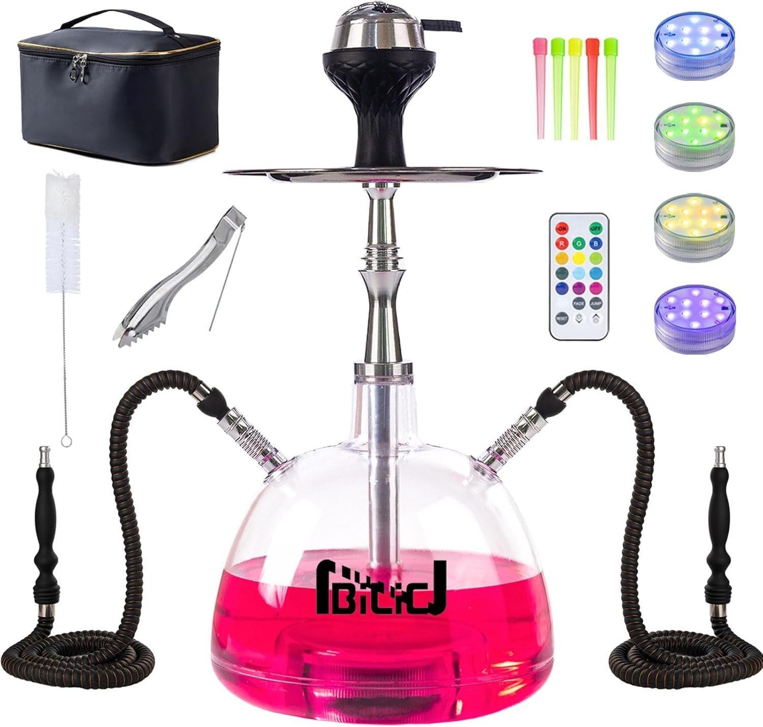 Modern Hookah Set – Complete Shisha Hookah Set with 2 Hoses, LED Light & Travel
