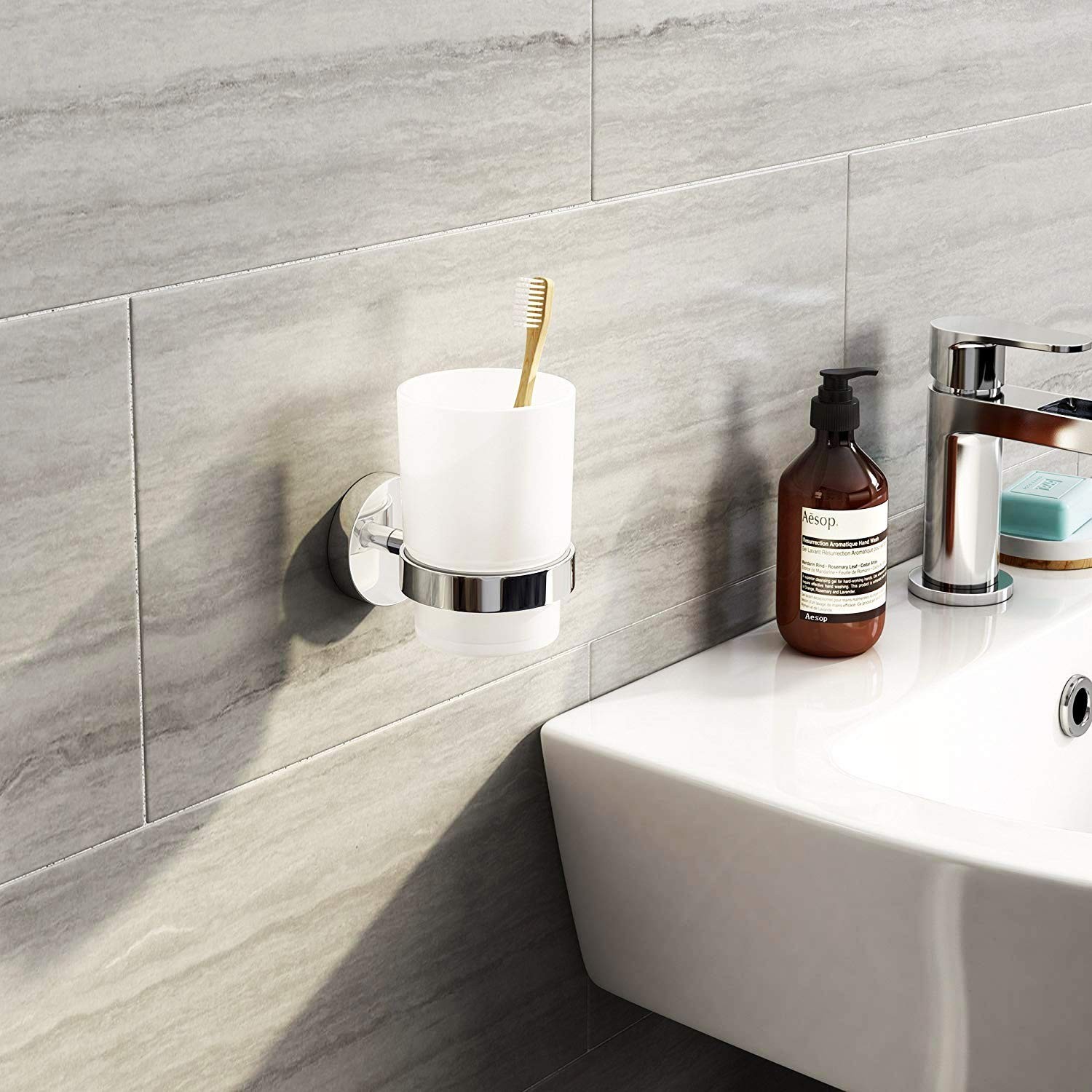 Toothbrush Glass Tumbler with Stainless Steel Holder Wall Mount Chromed