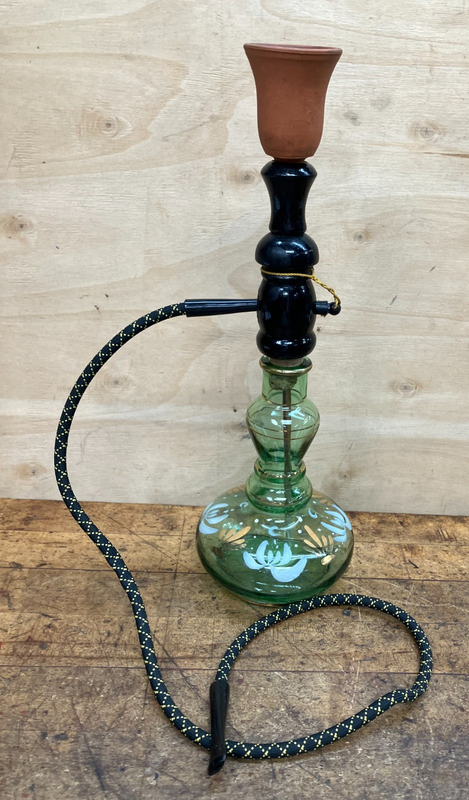 1970&rsquo;s Brebbia Italy Green Glass Hookah -Clay Bowl