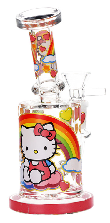 Hello Kitty Glass Water Pipe w/ 14mm Bowl 6.25&Prime; Bubbler Hookah Rainbows & Hearts
