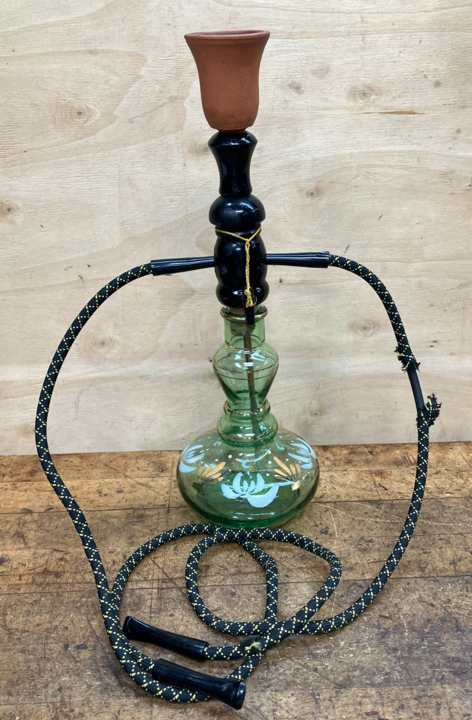 1970&rsquo;s Brebbia Italy Green Glass Hookah -Clay Bowl