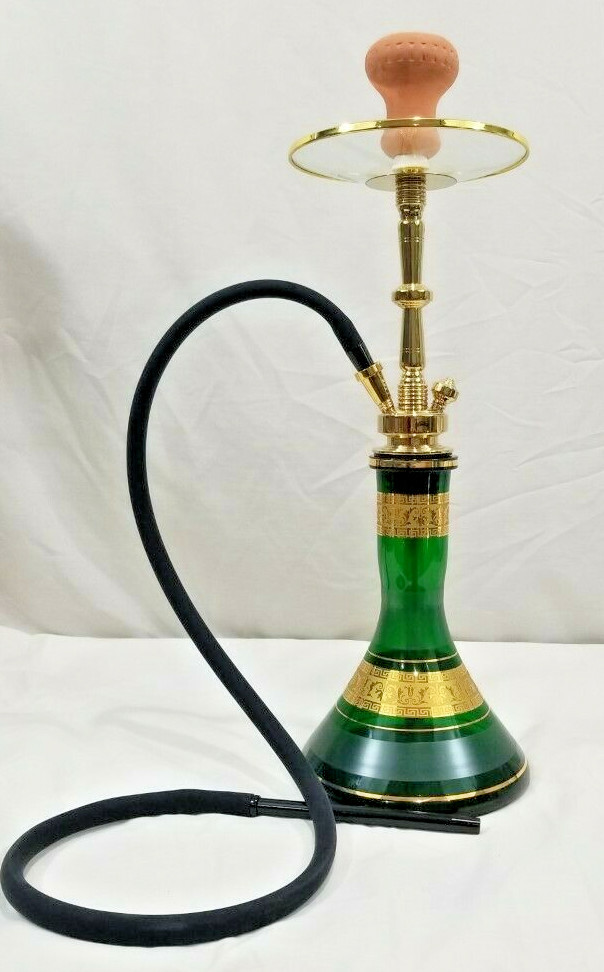 INHALE®️22” HOOKAH SOLID BRASS SHAFT,COLOR INFUSED HANDBLOWN GLASS 24k GOLD TRIM