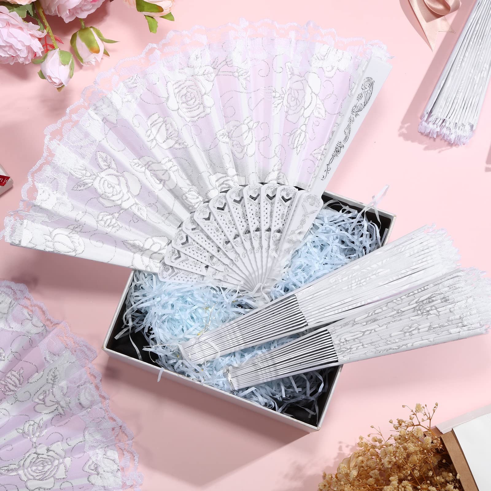 Maitys 70 Pcs Lace Floral Hand Fans Retro Elegant Chinese Folding Fan White V…