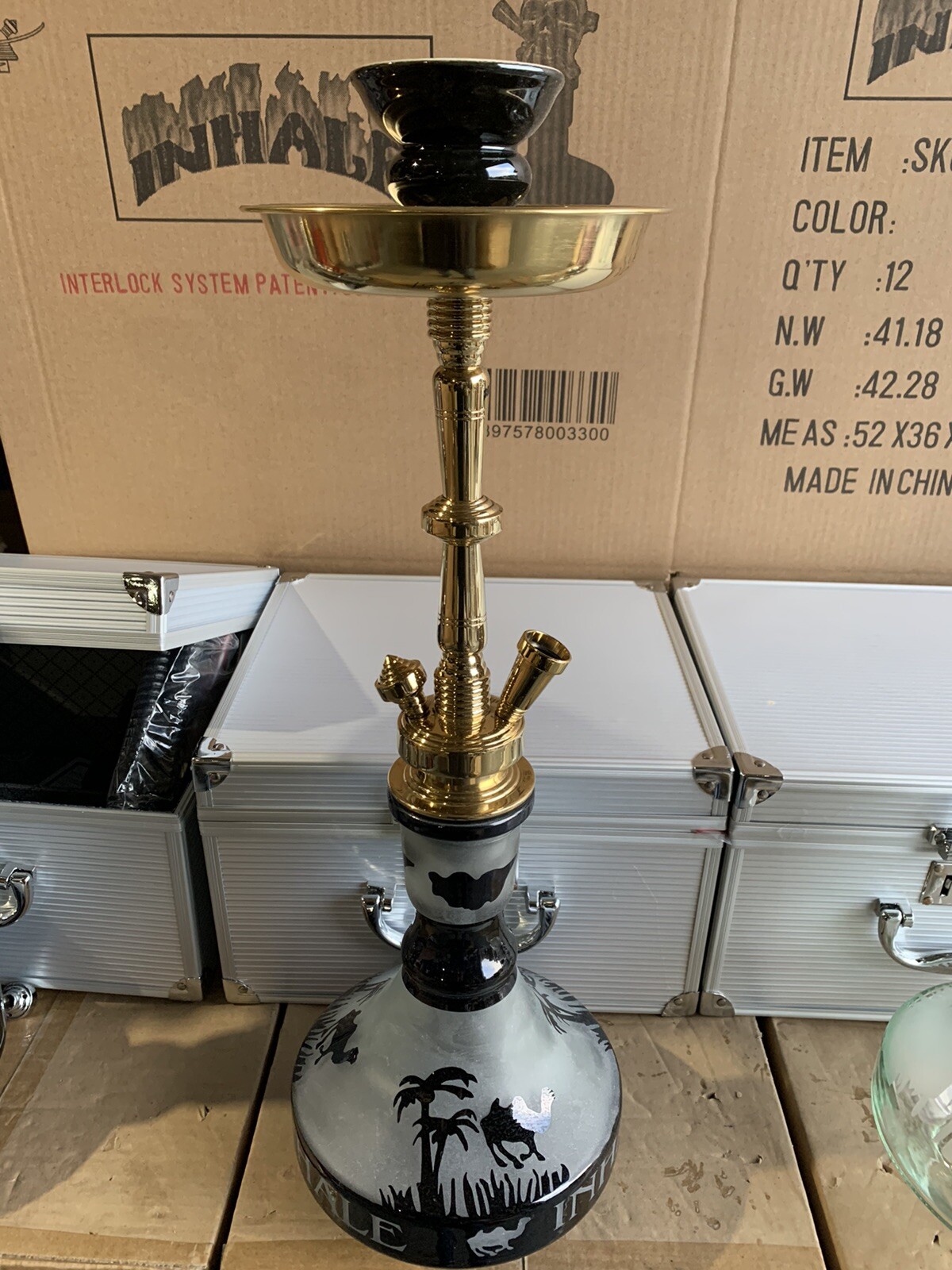 INHALE 21’’ HEAVY DUTY SOLID BRASS HOOKAH IN A SUITCASE *PLAMS/CAMEL BLACK*