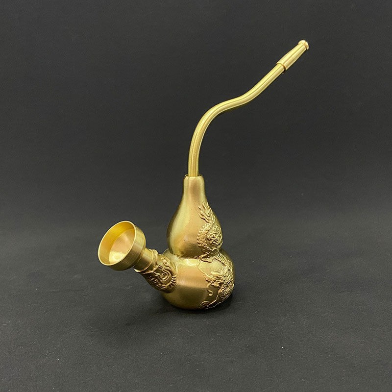 Solid Brass Gourd Water Pipe Mini Smoking Hookah Dragon Carved Portable