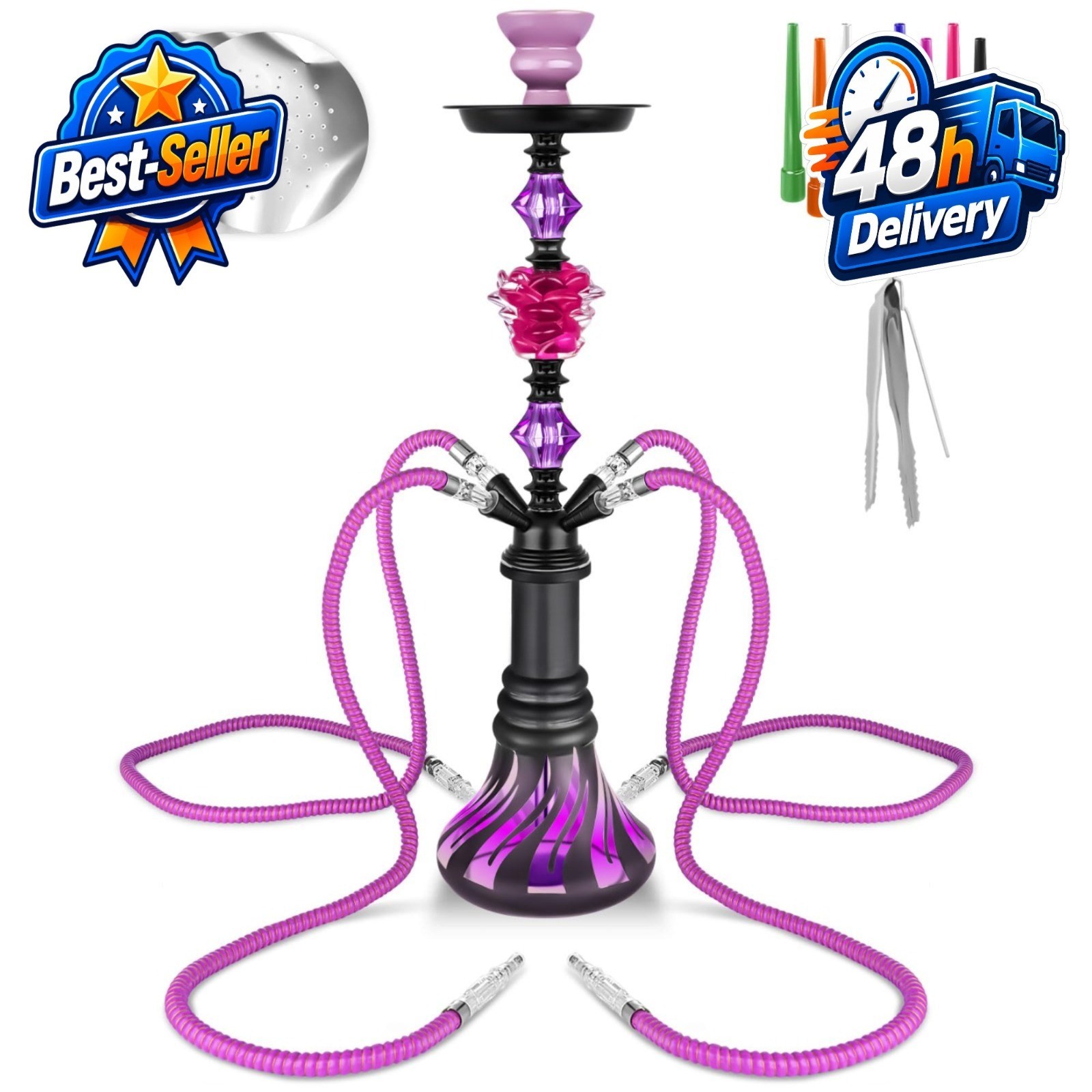 HOKASET 4 Hose Hookah Set 21&Prime; with Ceramic Bowl & Accessories – Deep Purple