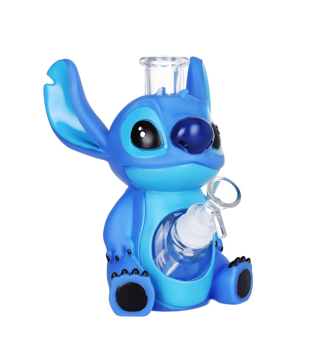 Stitch Water Pipe w/ 14mm Bowl 7&Prime; Glass Bubbler Hookah Cute Blue Vinyl Alien 626