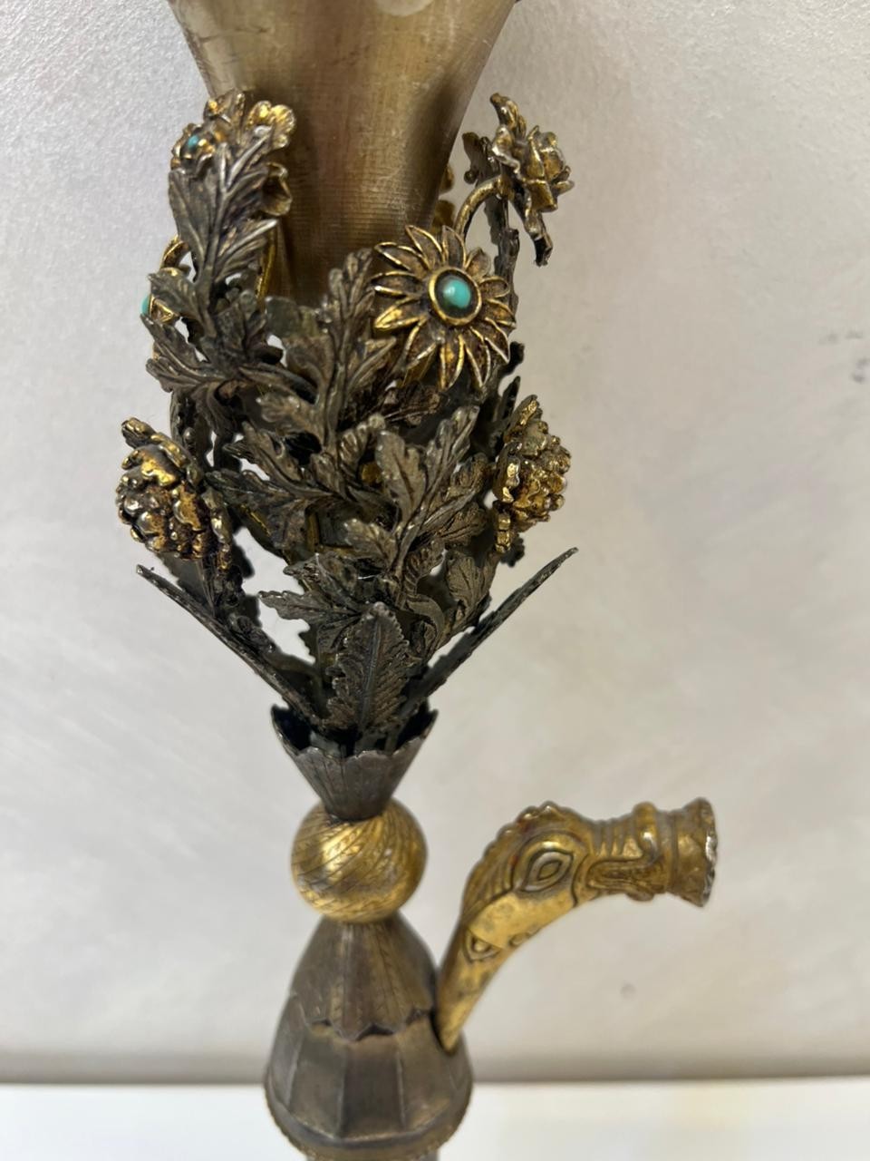 Vintage Persian Ornate Dragon Floral Chillum Hookah Gold Silver tone Bowl Head